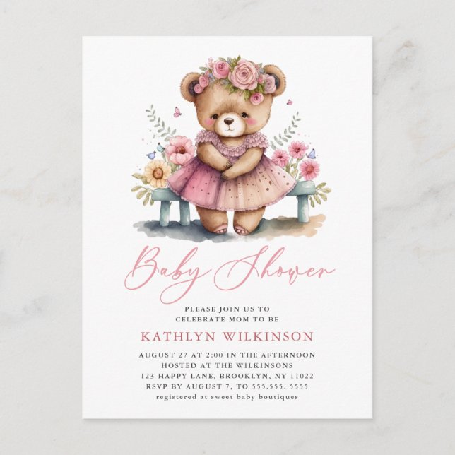 Pink Floral Greenery Elegant Script Baby Shower Invitation Postcard (Front)