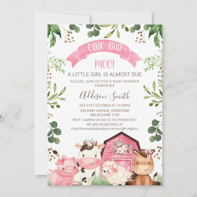 Pink Floral Greenery Farm Barn Baby Shower  Invitation (Front)