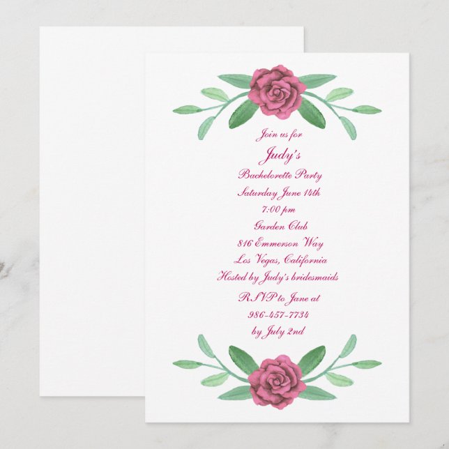 Pink Floral Greenery Foliage Bachelorette Party Invitation (Front/Back)