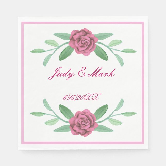 Pink Floral Greenery Foliage Paper Napkins (Front)