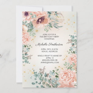 Pink Floral Greenery Gold Glitter 75th Birthday  Invitation