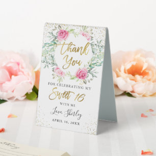 Pink Floral Greenery Gold Script Sweet 16 Birthday