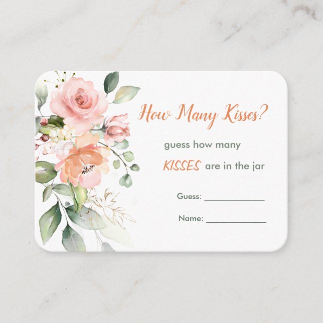 Pink floral, greenery Guess How Many Kisses Game Enclosure Card (Front)