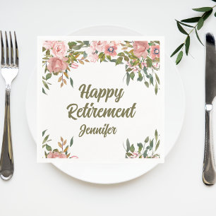 Pink Floral Greenery Happy Retirement Party  Napkin