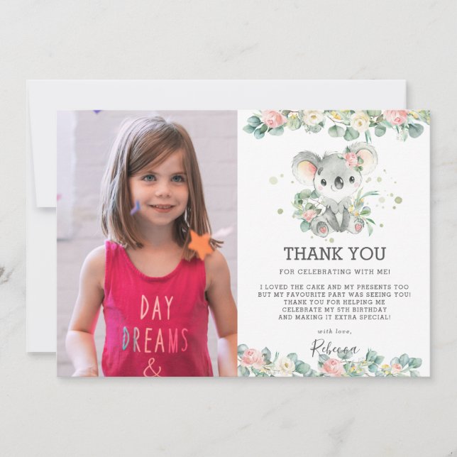 Pink Floral Greenery Koala 1st Birthday Girl Photo Thank You Card (Front)