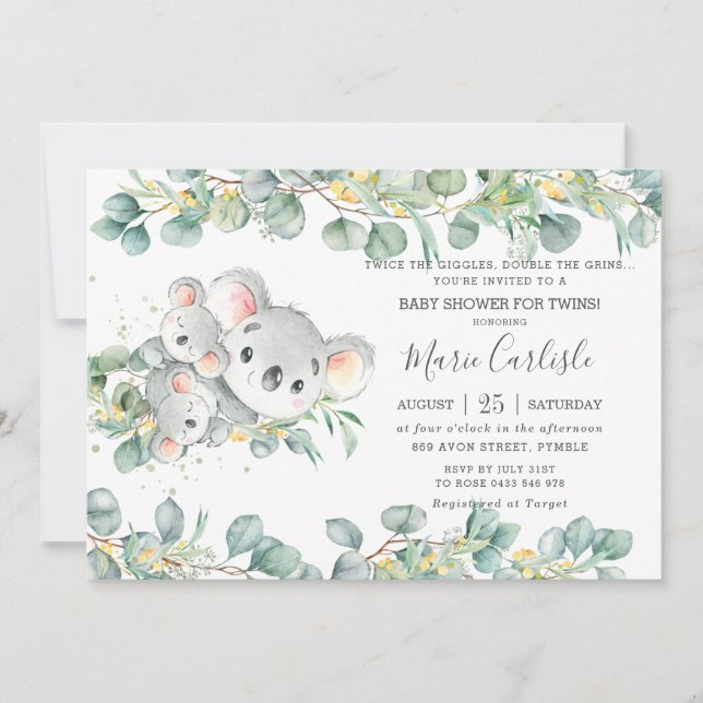 Pink Floral Greenery Koala Baby Shower Twins   Invitation (Front)