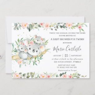 Pink Floral Greenery Koala Twin Girls Baby Shower  Invitation