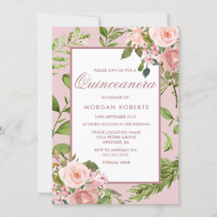 Pink Floral Greenery Leaf Quinceanera Invitation