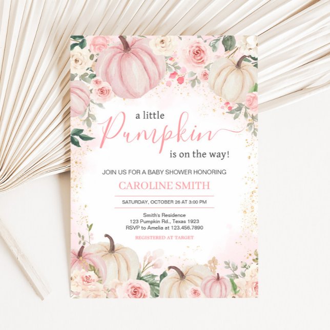 Pink Floral Greenery Little Pumpkin Invitation (Greenery Floral Pumpkin Invitation
)