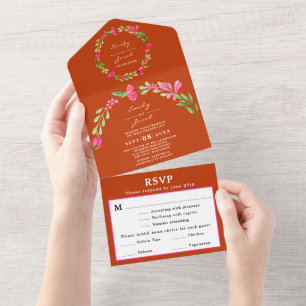 Pink Floral Greenery Orange Red Elegant Wed RSVP All In One Invitation