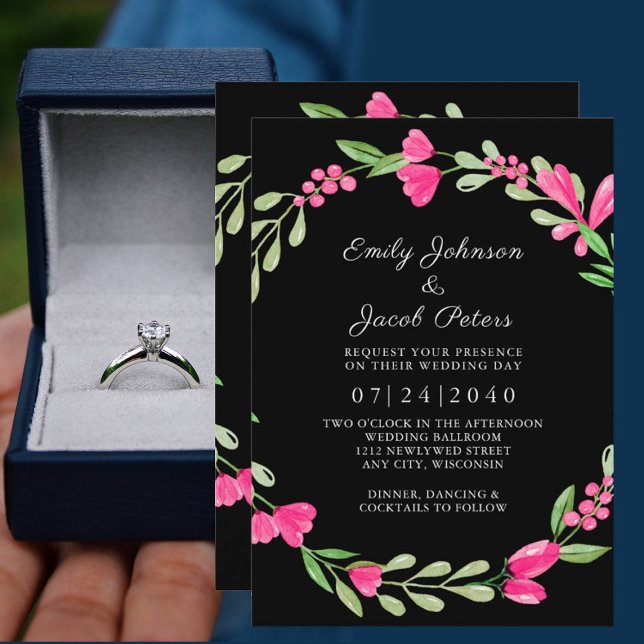 Pink Floral Greenery Over Black Elegance Wedding Announcement (Creator Uploaded)