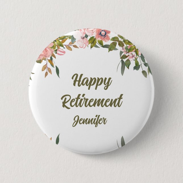 Pink Floral Greenery Rustic Boho Happy Retirement  6 Cm Round Badge (Front)