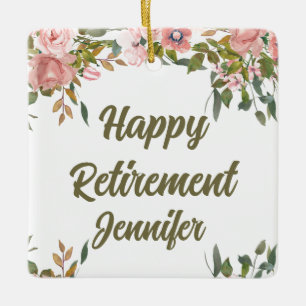 Pink Floral Greenery Rustic Boho Happy Retirement Ceramic Ornament