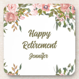 Pink Floral Greenery Rustic Boho Happy Retirement  Coaster
