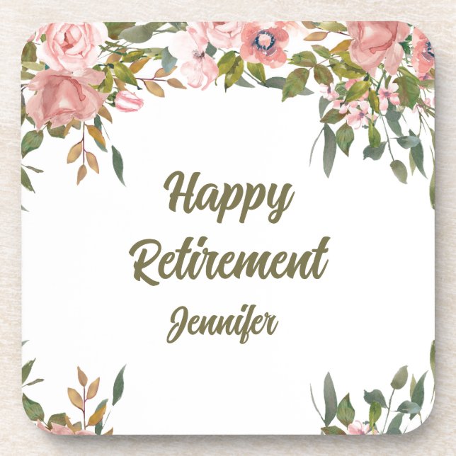 Pink Floral Greenery Rustic Boho Happy Retirement  Coaster (Front)