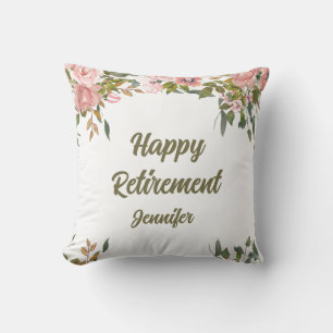 Pink Floral Greenery Rustic Boho Happy Retirement Cushion