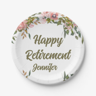 Pink Floral Greenery Rustic Boho Happy Retirement  Paper Plate