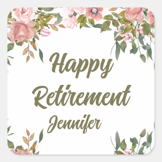 Pink Floral Greenery Rustic Boho Happy Retirement  Square Sticker (Front)