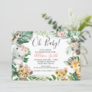Pink Floral Greenery Safari Animals Baby Shower Invitation