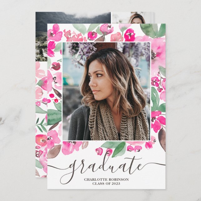 Pink floral greenery script 3 photos graduation invitation (Front/Back)