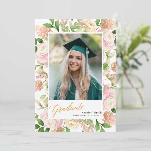 Pink Floral Greenery Script Girl Photo Graduation Announcement (Standing Front)
