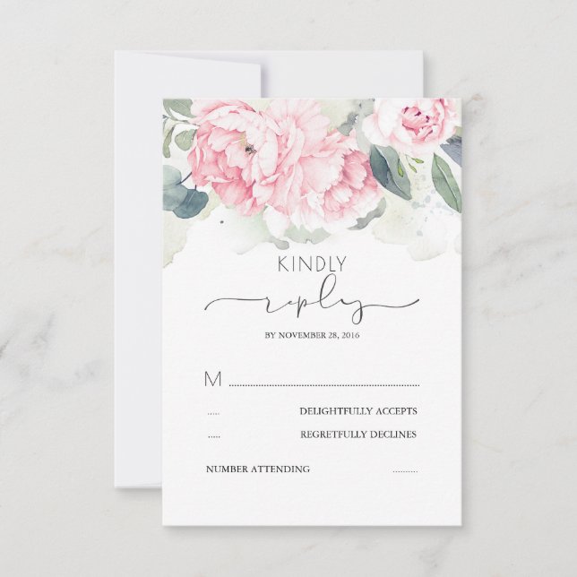 Pink Floral Greenery Splashes Wedding RSVP (Front)