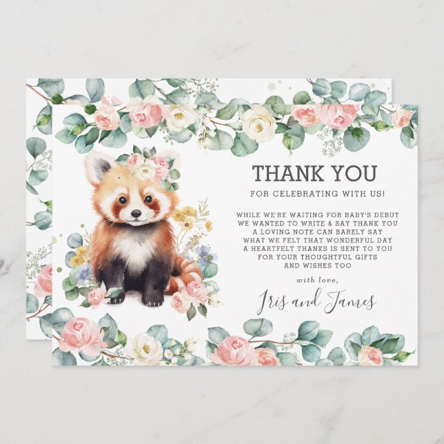 Pink Floral Greenery Sweet Red Panda Baby Shower Thank You Card (Front/Back)