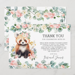Pink Floral Greenery Sweet Red Panda Baby Shower Thank You Card