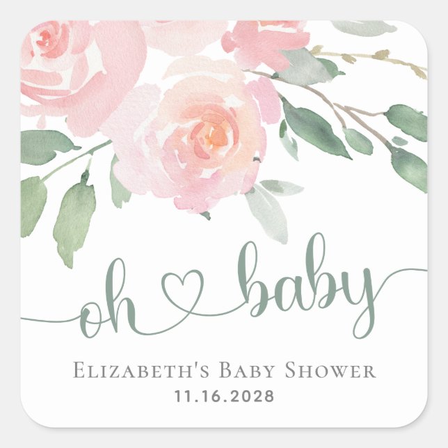 Pink Floral Greenery Watercolor Baby Shower Square Sticker (Front)