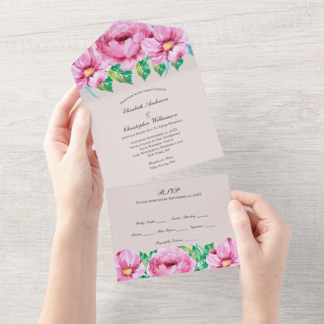 Pink Floral Greenery Wedding All In One Invitation (Tearaway)