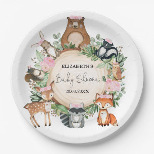 Pink Floral Greenery Woodland Animals Baby Shower Paper Plate