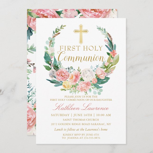Pink Floral Greenery Wreath First Holy Communion Invitation (Front/Back)