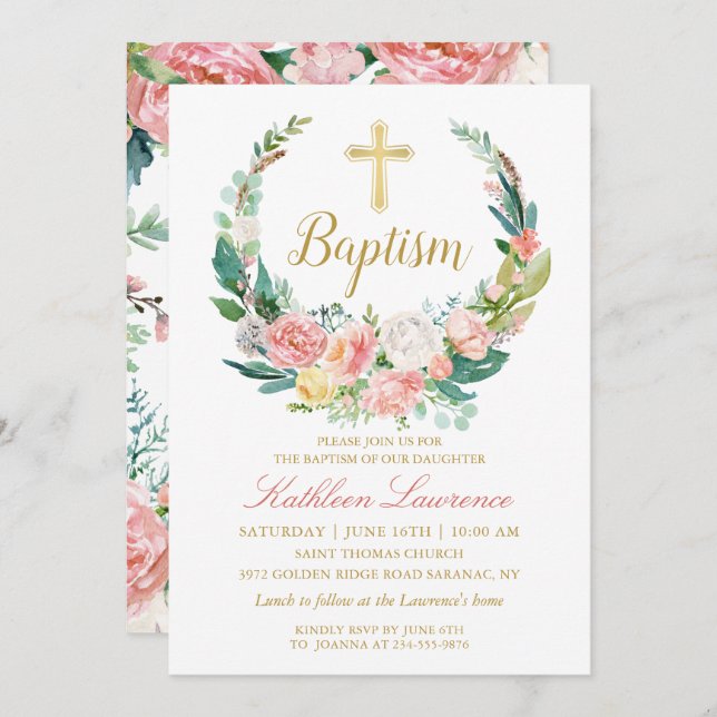 Pink Floral Greenery Wreath Girl Baptism Invitation (Front/Back)