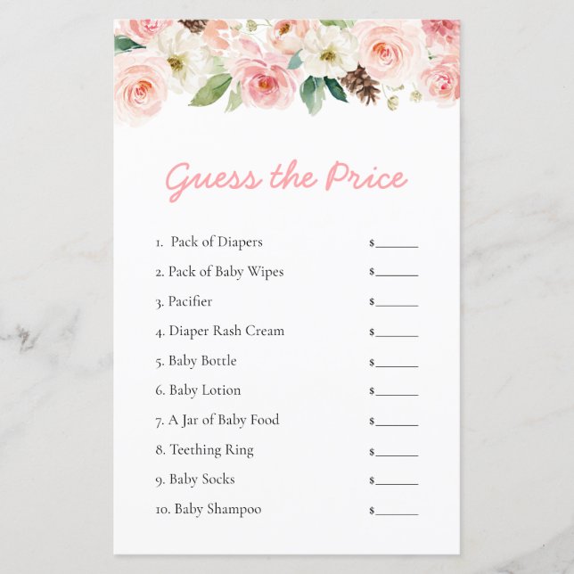 Pink Floral Guess the Price Baby Shower Game (Front)
