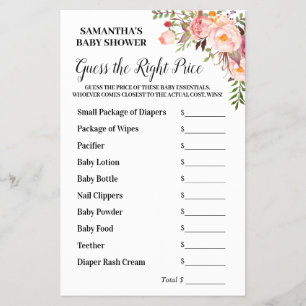 Pink Floral Guess the Right Price Baby Shower Game Flyer