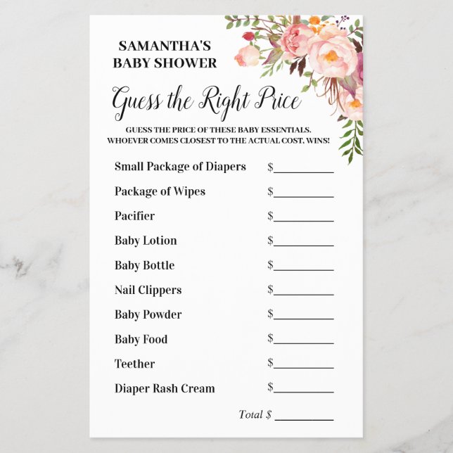 Pink Floral Guess the Right Price Baby Shower Game Flyer (Front)