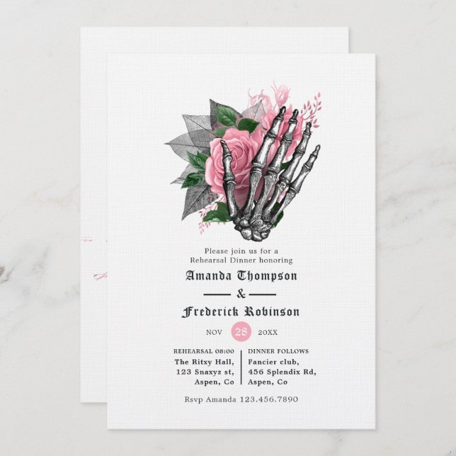 Pink Floral Halloween Gothic Rehearsal Dinner Invitation (Front/Back)