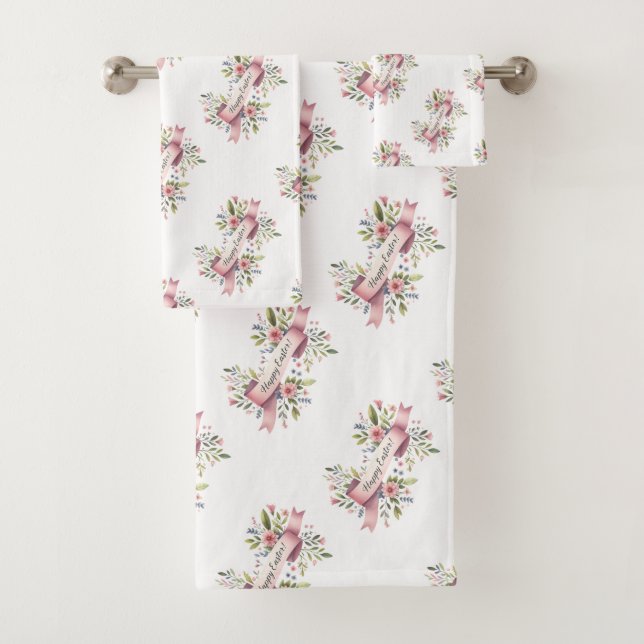 Pink Floral Happy Easter Ribbon Bath Towel Set (Insitu)
