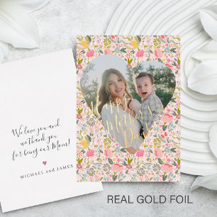 Pink floral Happy Mother's Day custom photo gold  Foil Holiday Card