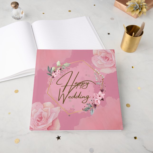 Pink Floral Happy Wedding Guest Book (Front Open)