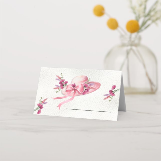 Pink floral Hat Derby Bridal Shower Place Card (Front)