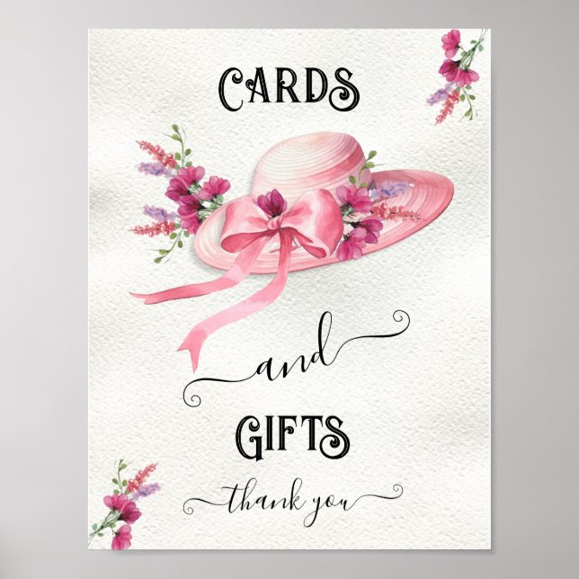 Pink floral Hat Derby Bridal Shower Table Signs (Front)