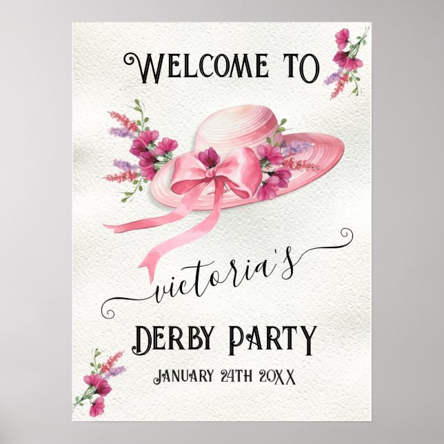 Pink floral Hat Derby Bridal Shower Welcome Sign (Front)