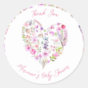 Pink Floral Heart Baby In Bloom Baby Shower Classic Round Sticker