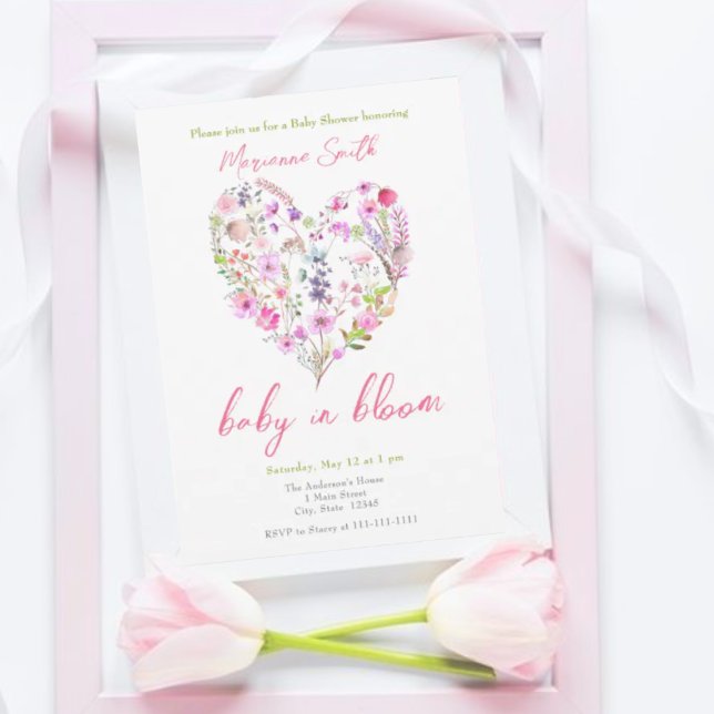 Pink Floral Heart Baby In Bloom Baby Shower Invitation (Creator Uploaded)