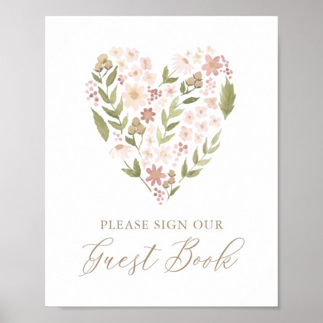 Pink Floral Heart Baby Shower Guest Book Sign (Front)