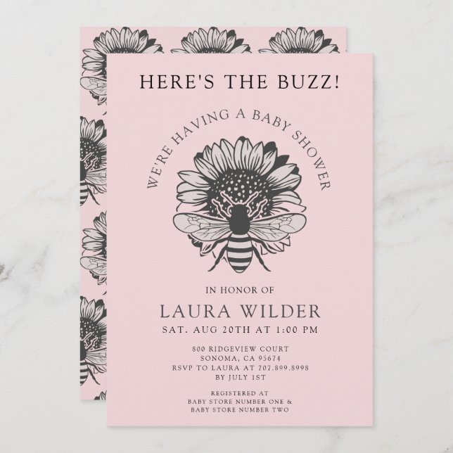 Pink Floral Heart Bee Baby Shower   Invitation (Front/Back)