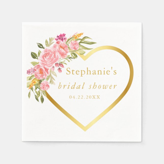 Pink Floral Heart Bridal Shower Napkin (Front)