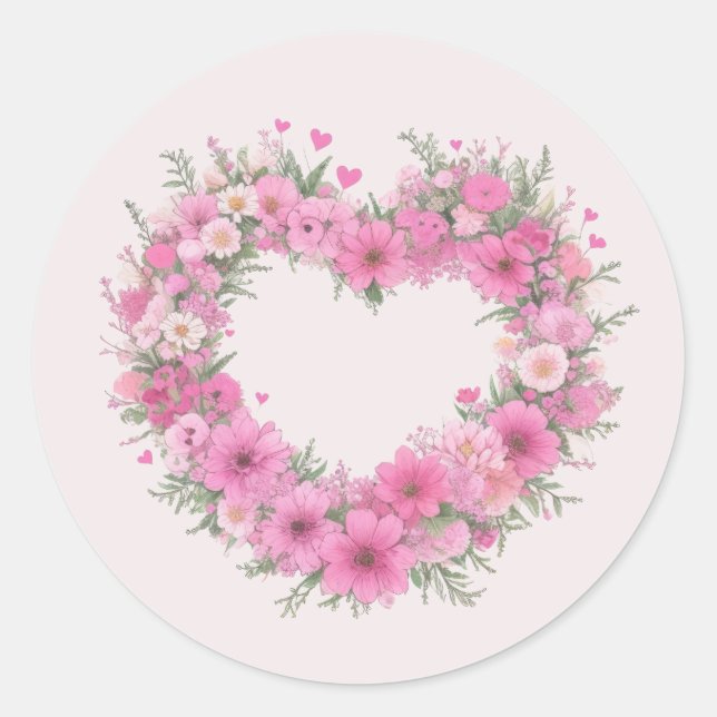 Pink Floral Heart Classic Round Sticker (Front)