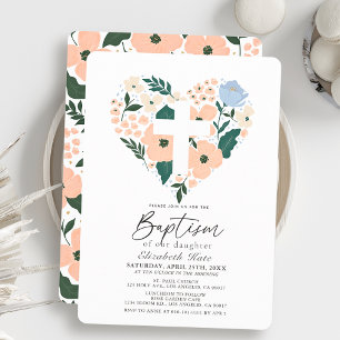 Pink Floral Heart Girl Baptism Invitation